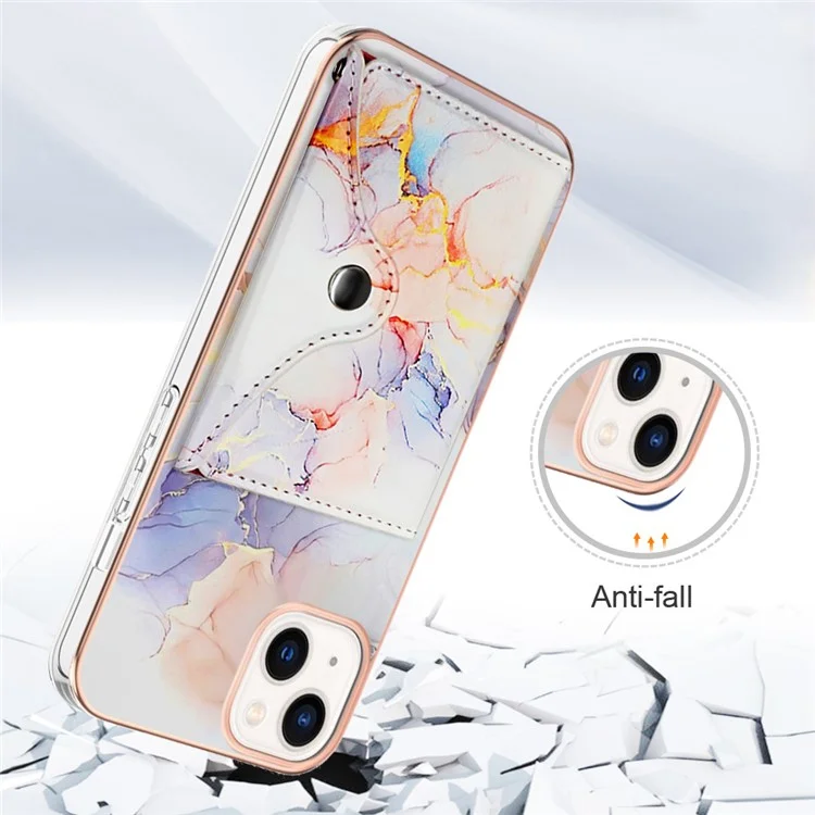 YB Leather Coating Series-9 für iPhone 15 Case IMD Leather+TPU Kartenfächer Schutzhülle - 004 Marmorweiß