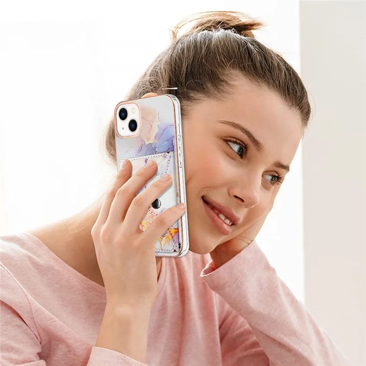 YB Leather Coating Series-9 für iPhone 15 Case IMD Leather+TPU Kartenfächer Schutzhülle - 004 Marmorweiß