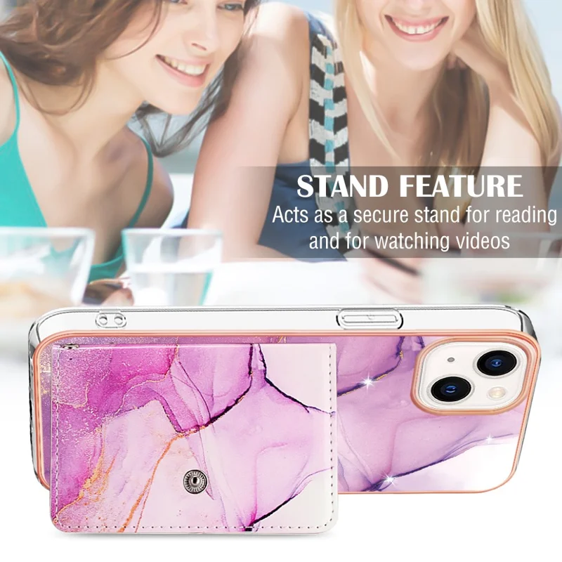 Série de Revestimento de Couro YB-9 para iPhone 15 Plus IMD Phone Case Card Slots Leather+TPU Cover - 001 Roxo