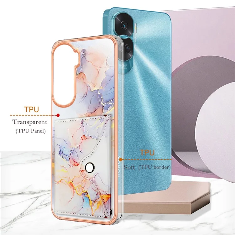 YB Кожаное покрытие Серия-9 для Honor 90 Lite 5G / X50i 5G Чехол Слот для карты Подставка PU+TPU IMD Чехол для телефона - 004 Мраморно-белый