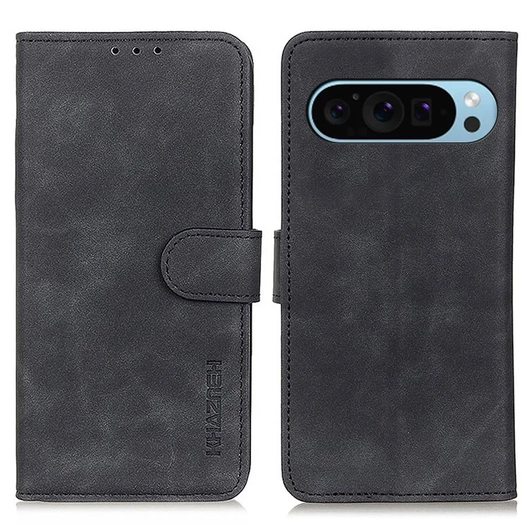 KHAZNEH Per Google Pixel 9 / Pixel 9 Pro Custodia Retro in Pelle PU Custodia Antiurto a Tutto Corpo con Supporto - Nero