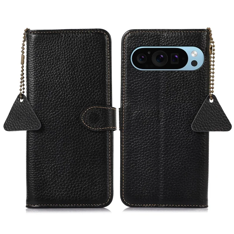 Per Google Pixel 9 / Pixel 9 Pro Custodia Portafoglio in Vera Pelle Bovina Blocco RFID Custodia per Telefono Texture Litchi - Nero