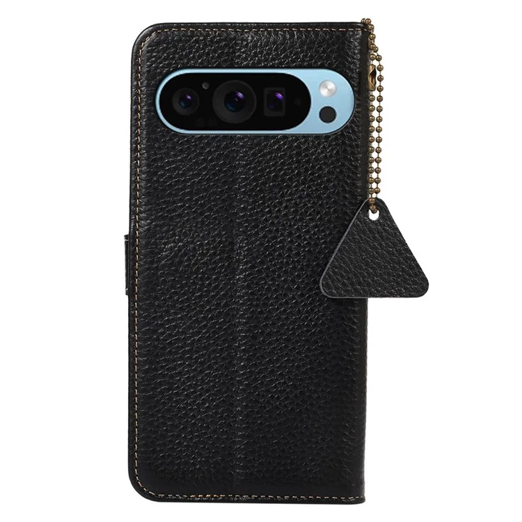 Per Google Pixel 9 / Pixel 9 Pro Custodia Portafoglio in Vera Pelle Bovina Blocco RFID Custodia per Telefono Texture Litchi - Nero