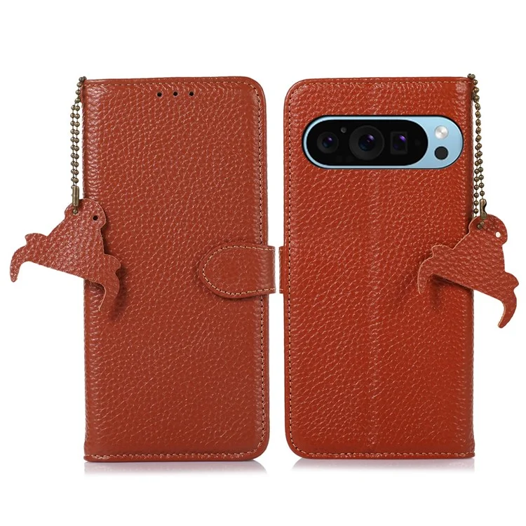 Per Google Pixel 9 / Pixel 9 Pro Wallet Case Genuine Cow Leather RFID Blocking Phone Cover Litchi Texture - Brown