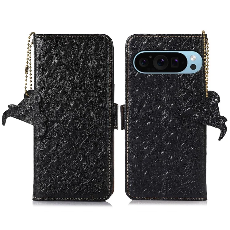Pour Google Pixel 9 / Pixel 9 Pro Case RFID Blocking Genuine Cow Leather Phone Cover - Noir
