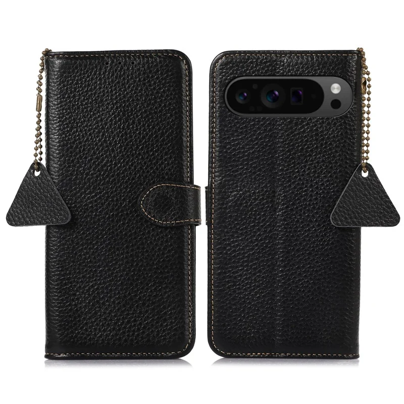 For Google Pixel 10 Pro XL / 9 Pro XL Wallet Case Genuine Cow Leather RFID Blocking Phone Cover Litchi Texture - Black