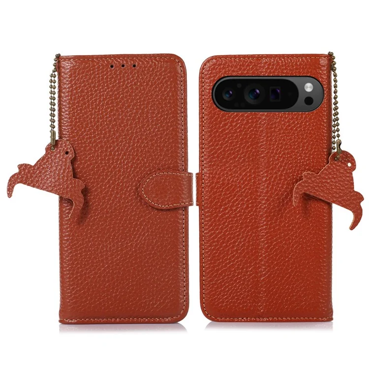 Para o Google Pixel 9 Pro XL Wallet Case Genuine Cow Leather RFID Blocking Phone Cover Litchi Texture - Marrom