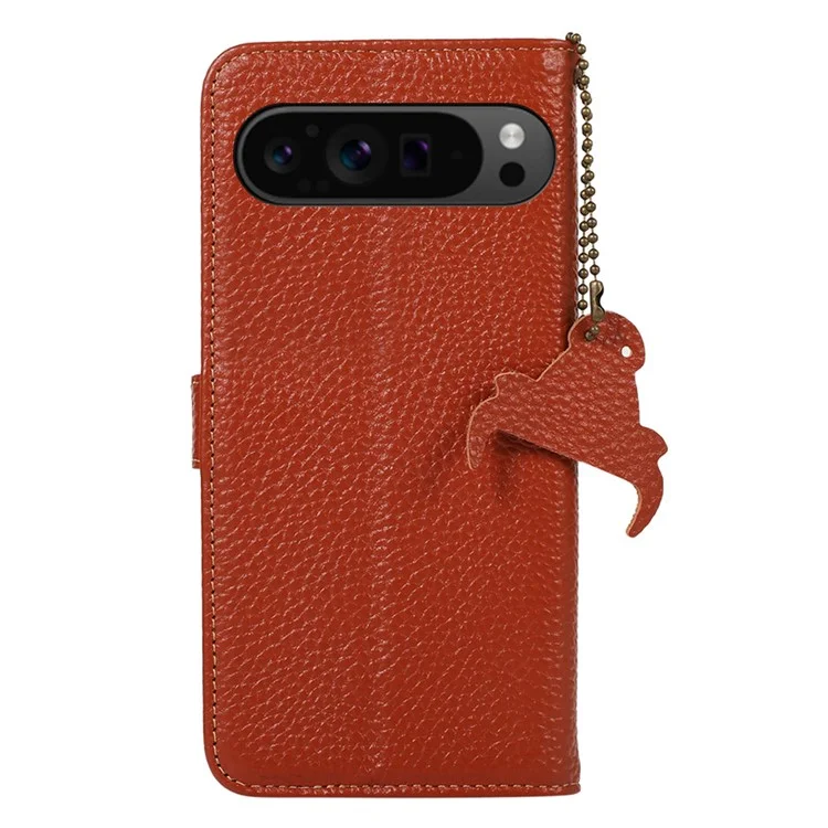 Para o Google Pixel 9 Pro XL Wallet Case Genuine Cow Leather RFID Blocking Phone Cover Litchi Texture - Marrom