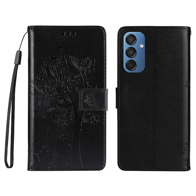 Série fleur d'impression KT pour étui à rabat Samsung Galaxy M15 5G - Motif arbre de chat en cuir de portefeuille - Noir