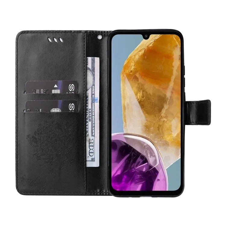Série fleur d'impression KT pour étui à rabat Samsung Galaxy M15 5G - Motif arbre de chat en cuir de portefeuille - Noir