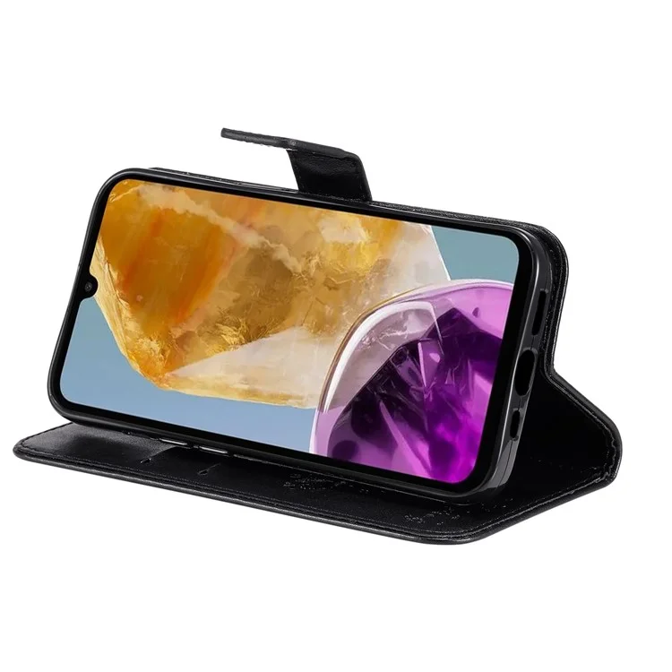 Série fleur d'impression KT pour étui à rabat Samsung Galaxy M15 5G - Motif arbre de chat en cuir de portefeuille - Noir