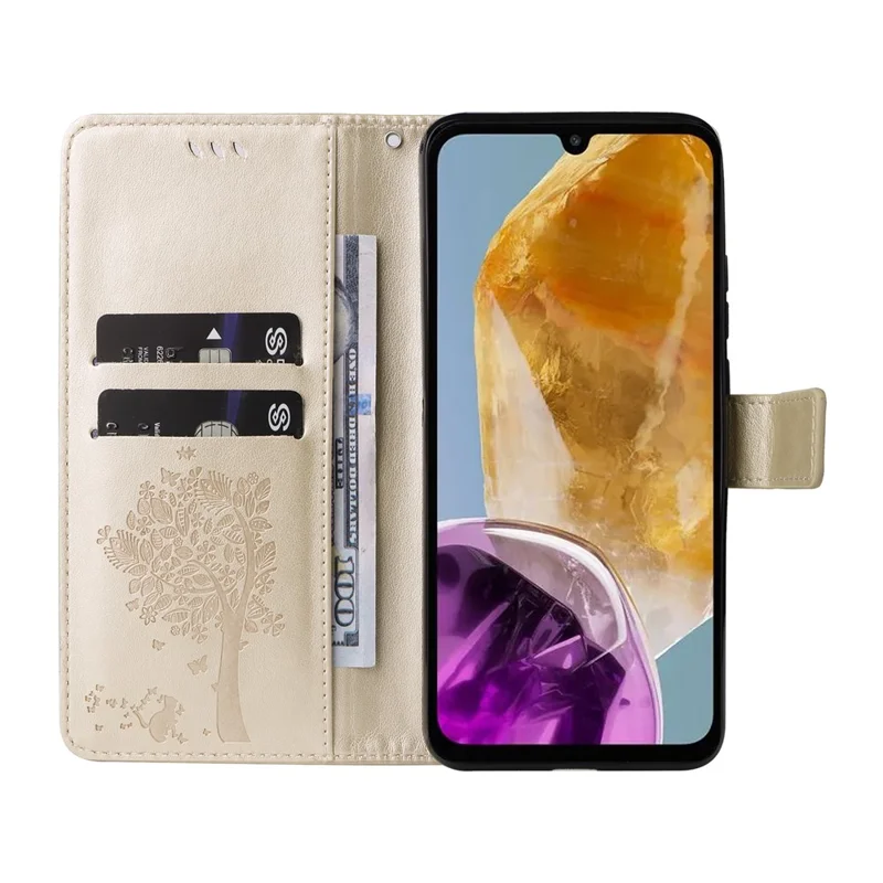 For Samsung Galaxy M15 5G Phone Case with Stand Cat Tree Pattern Leather Wallet Mobile Cover - Gold