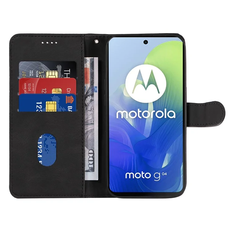 For Motorola Moto E14 4G / G04 4G / G04s 4G / G24 4G Case Curved Line Folding Stand PU Leather Phone Cover - Black
