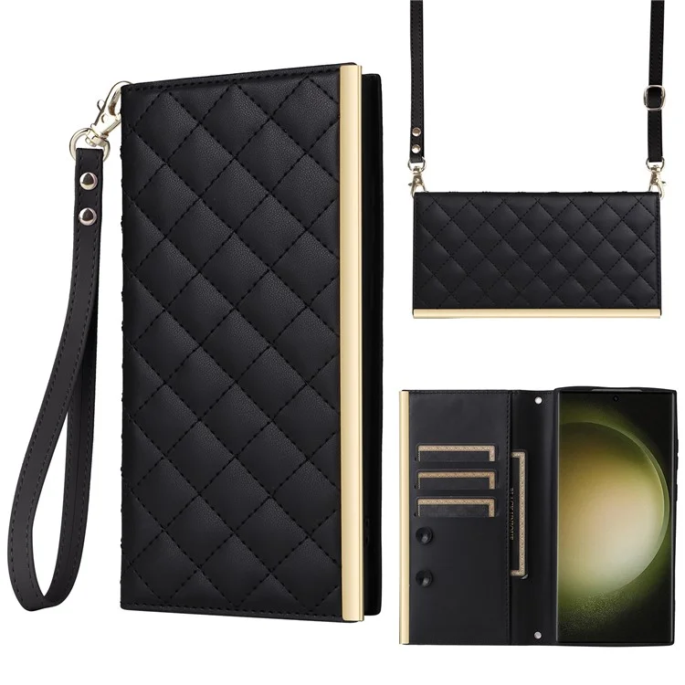 For Samsung Galaxy S23 Ultra Crossbody Case Suction Cup PU Leather Wallet Phone Cover - Black