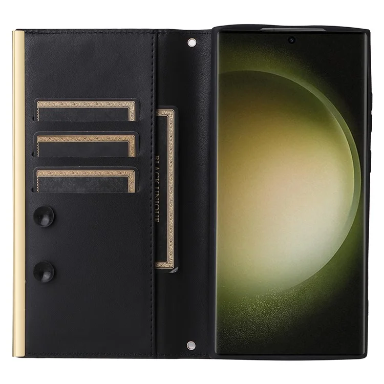 For Samsung Galaxy S23 Ultra Crossbody Case Suction Cup PU Leather Wallet Phone Cover - Black