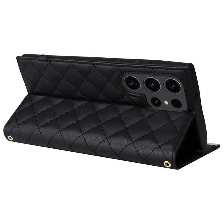 For Samsung Galaxy S23 Ultra Crossbody Case Suction Cup PU Leather Wallet Phone Cover - Black