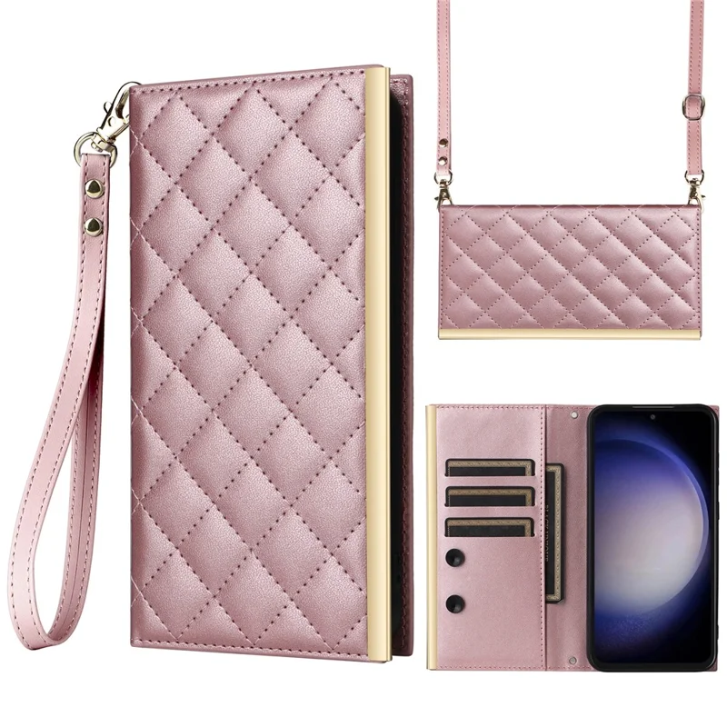 For Samsung Galaxy S23 FE Case PU Leather Suction Cup Phone Cover with Shoulder Strap - Rose Gold