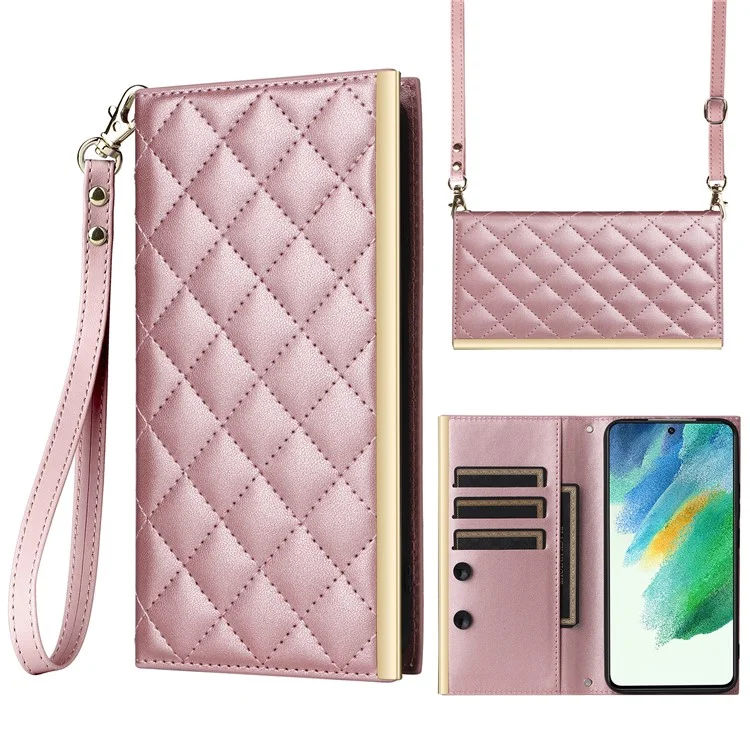 Para Samsung Galaxy S21 FE 5G Leather Case Suction Cup 3 Card Slots Phone Cover - Rose Gold