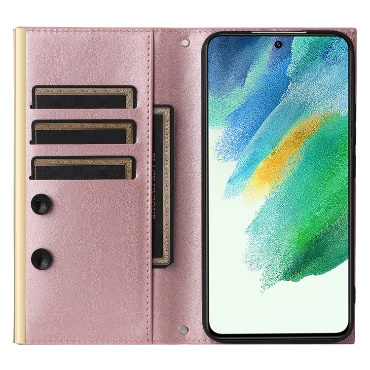 Para Samsung Galaxy S21 FE 5G Leather Case Suction Cup 3 Card Slots Phone Cover - Rose Gold