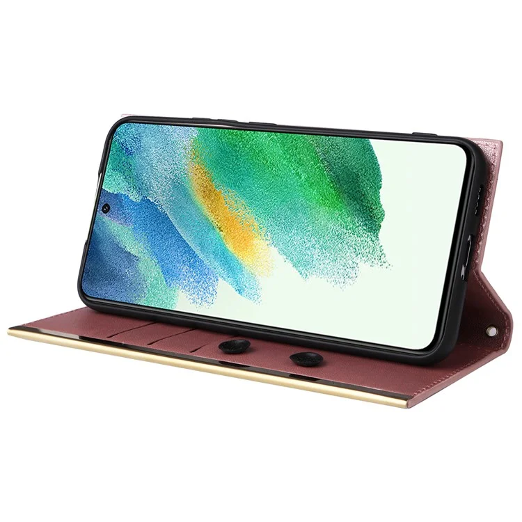 Para Samsung Galaxy S21 FE 5G Leather Case Suction Cup 3 Card Slots Phone Cover - Rose Gold