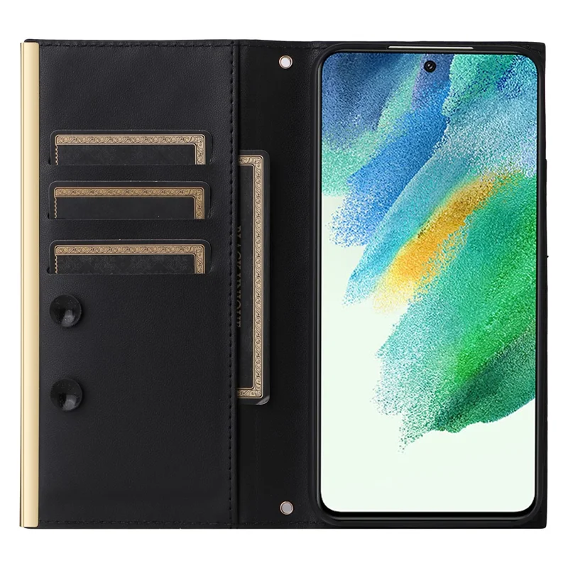 For Samsung Galaxy S21 FE 5G Leather Case Suction Cup 3 Card Slots Phone Cover - Black