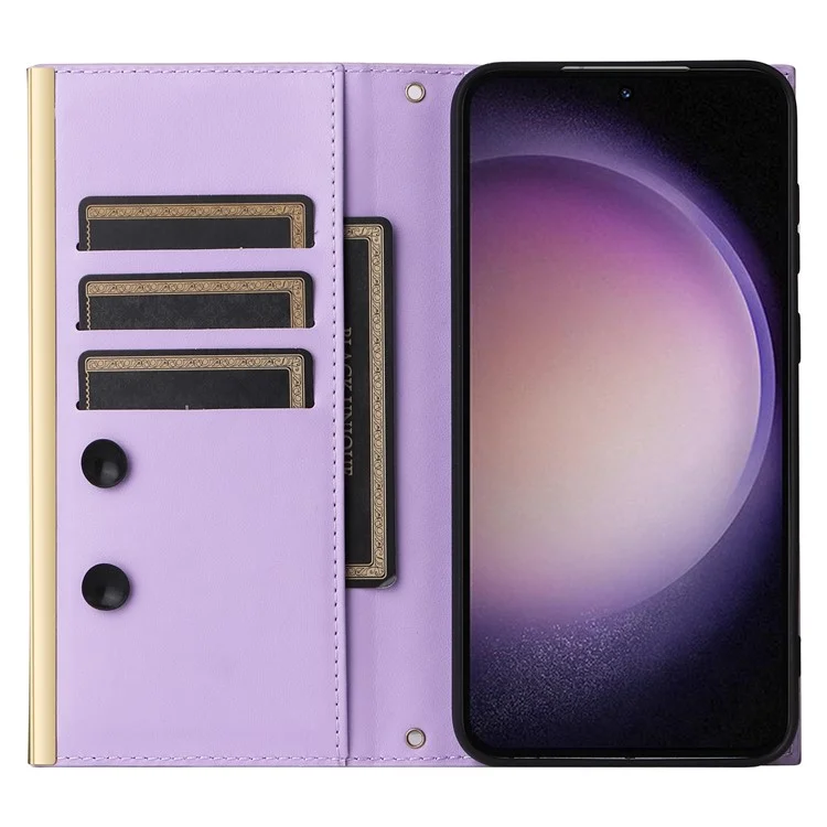 For Samsung Galaxy S23 Leather Case Suction Cup Wallet Flip Phone Cover with Shoulder Strap - Purple