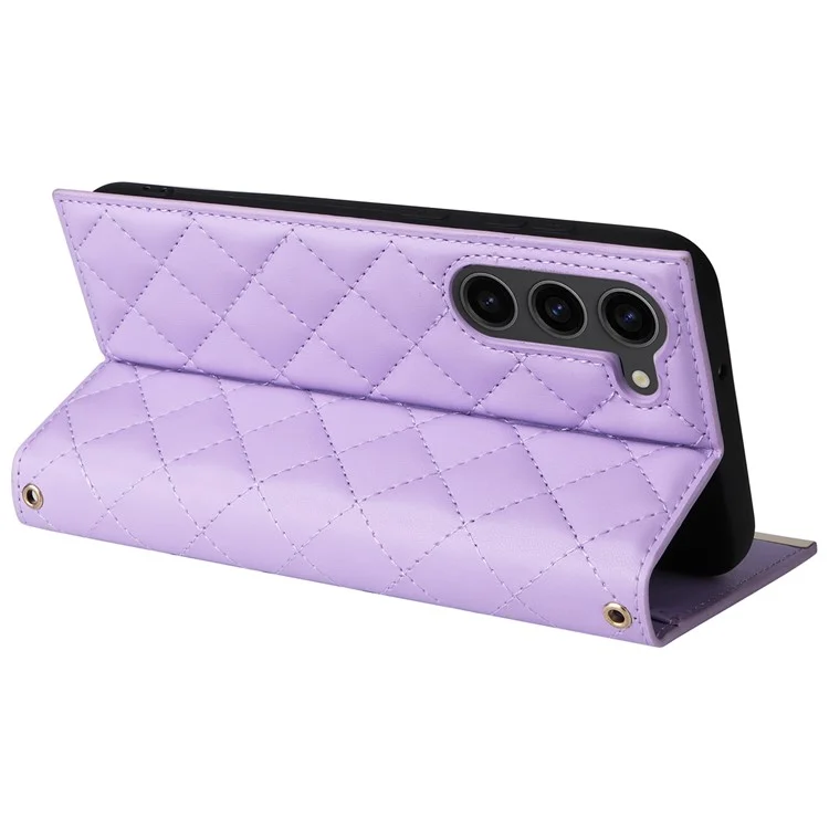 For Samsung Galaxy S23 Leather Case Suction Cup Wallet Flip Phone Cover with Shoulder Strap - Purple
