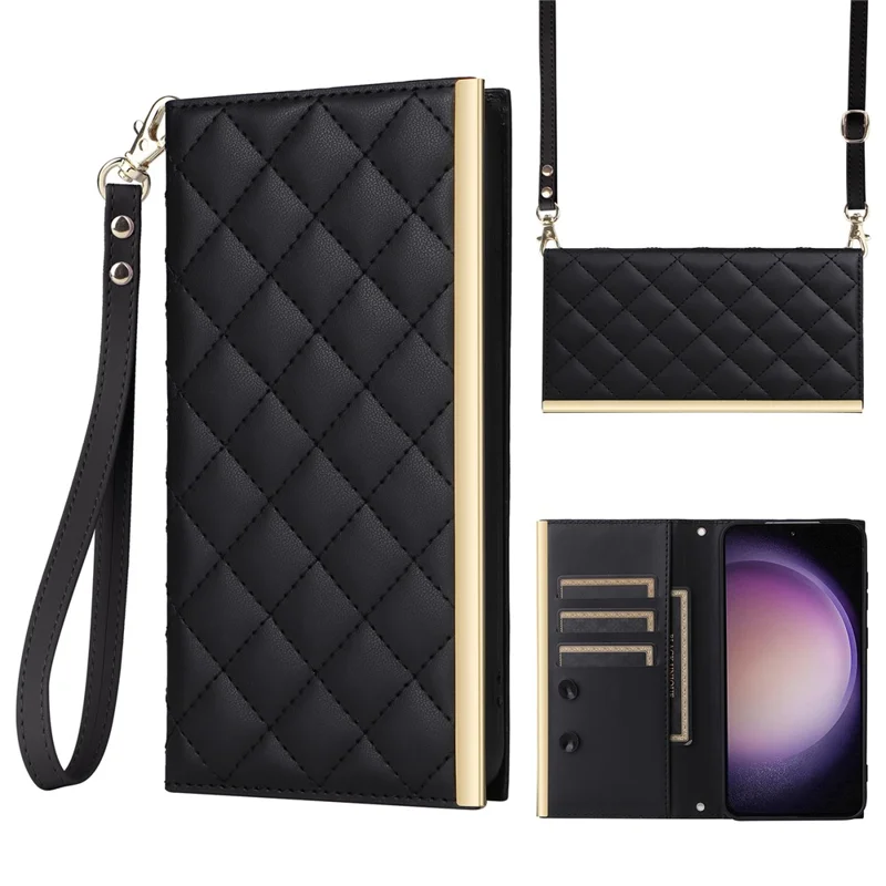 For Samsung Galaxy S23 Leather Case Suction Cup Wallet Flip Phone Cover with Shoulder Strap - Black