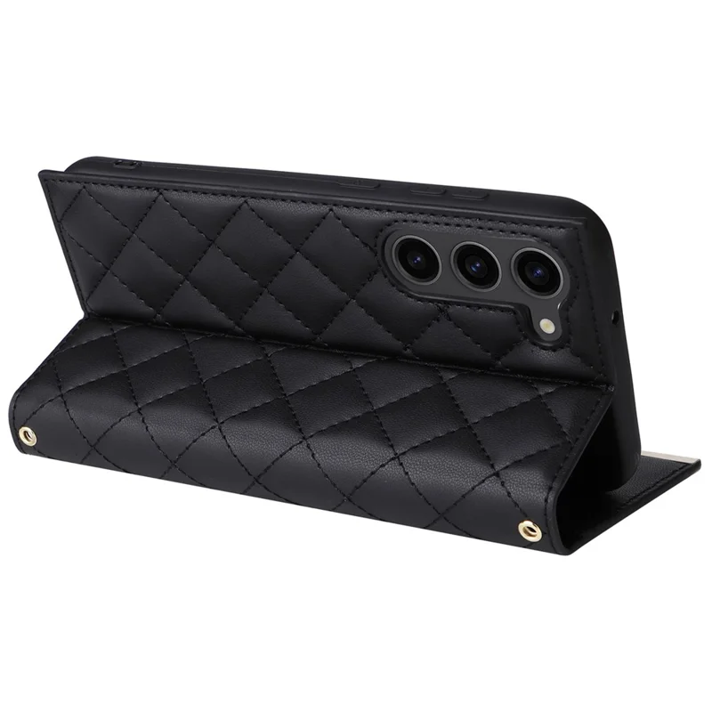 For Samsung Galaxy S23 Leather Case Suction Cup Wallet Flip Phone Cover with Shoulder Strap - Black