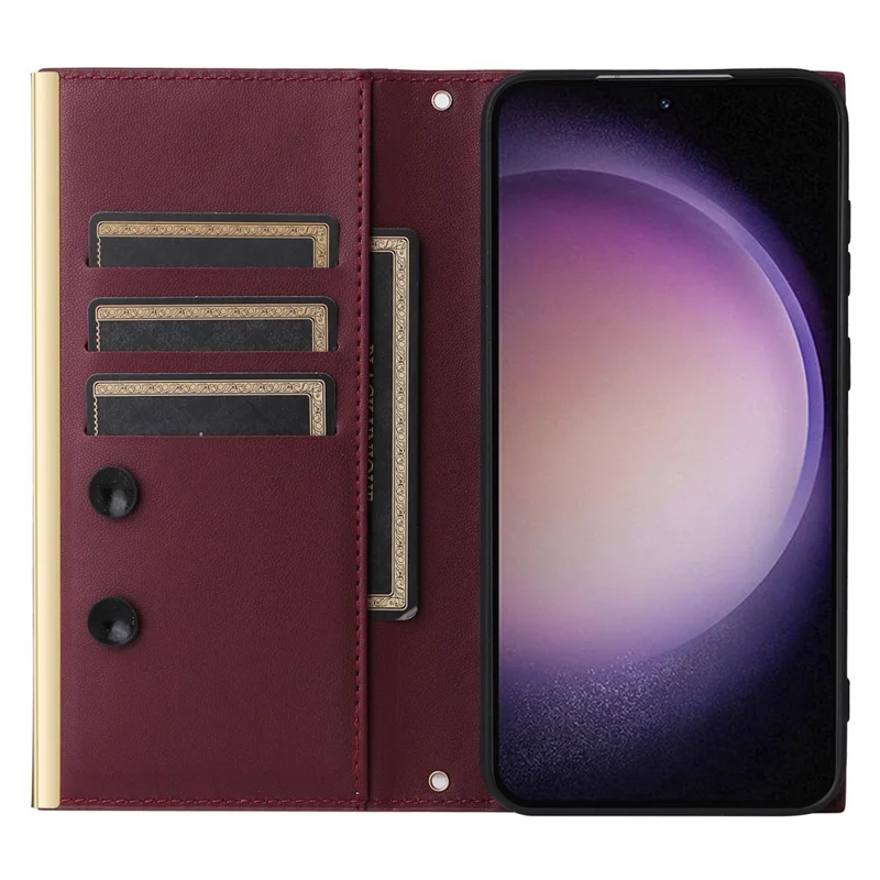 For Samsung Galaxy S23 Leather Case Suction Cup Wallet Flip Phone Cover with Shoulder Strap - Wine Red