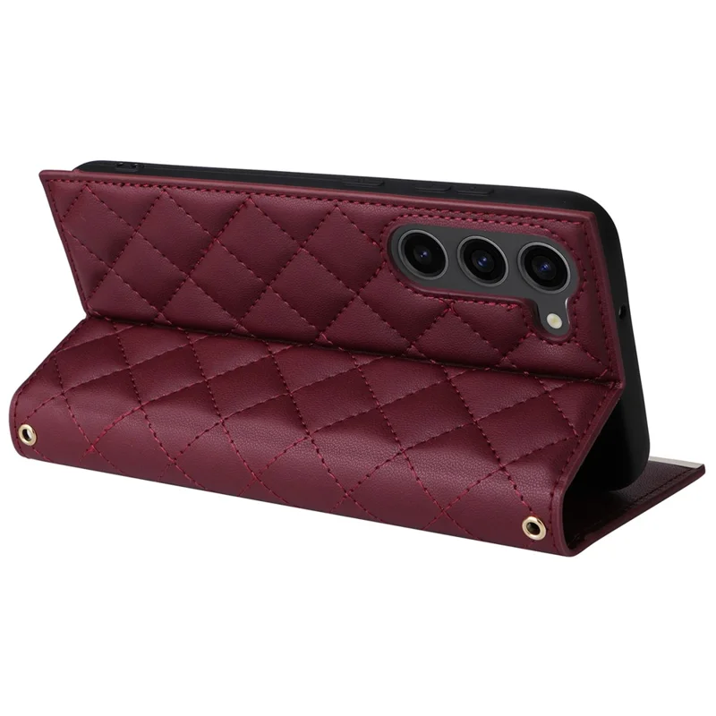 For Samsung Galaxy S23 Leather Case Suction Cup Wallet Flip Phone Cover with Shoulder Strap - Wine Red