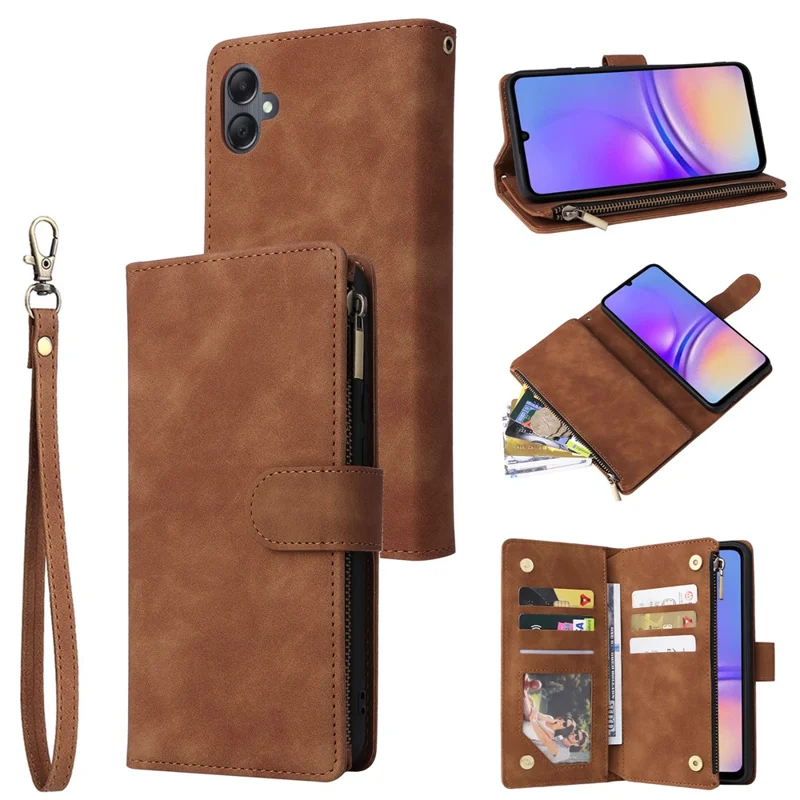 For Samsung Galaxy A05 4G Case Multiple Card Slots Anti-fall Zipper Pocket Leather Phone Cover - Brown