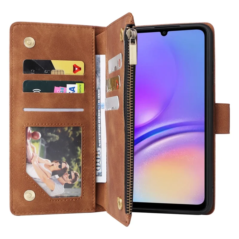 For Samsung Galaxy A05 4G Case Multiple Card Slots Anti-fall Zipper Pocket Leather Phone Cover - Brown