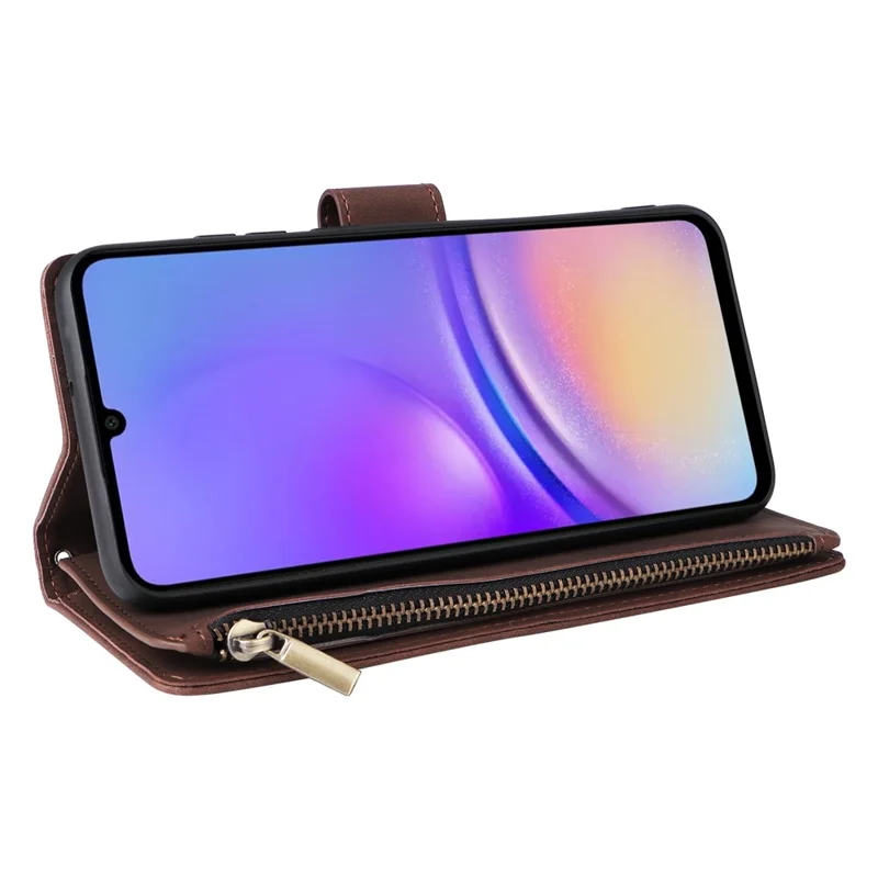 For Samsung Galaxy A05 4G Case Multiple Card Slots Anti-fall Zipper Pocket Leather Phone Cover - Brown