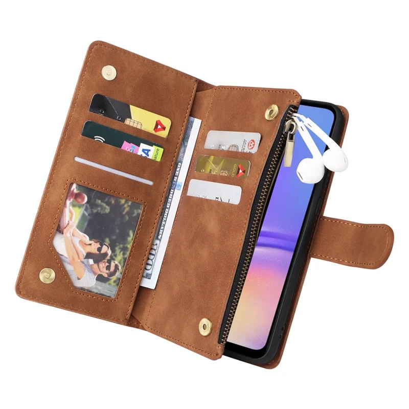 For Samsung Galaxy A05 4G Case Multiple Card Slots Anti-fall Zipper Pocket Leather Phone Cover - Brown