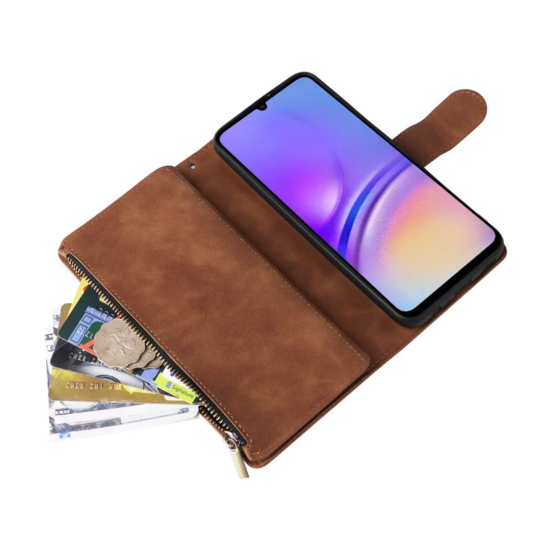 For Samsung Galaxy A05 4G Case Multiple Card Slots Anti-fall Zipper Pocket Leather Phone Cover - Brown