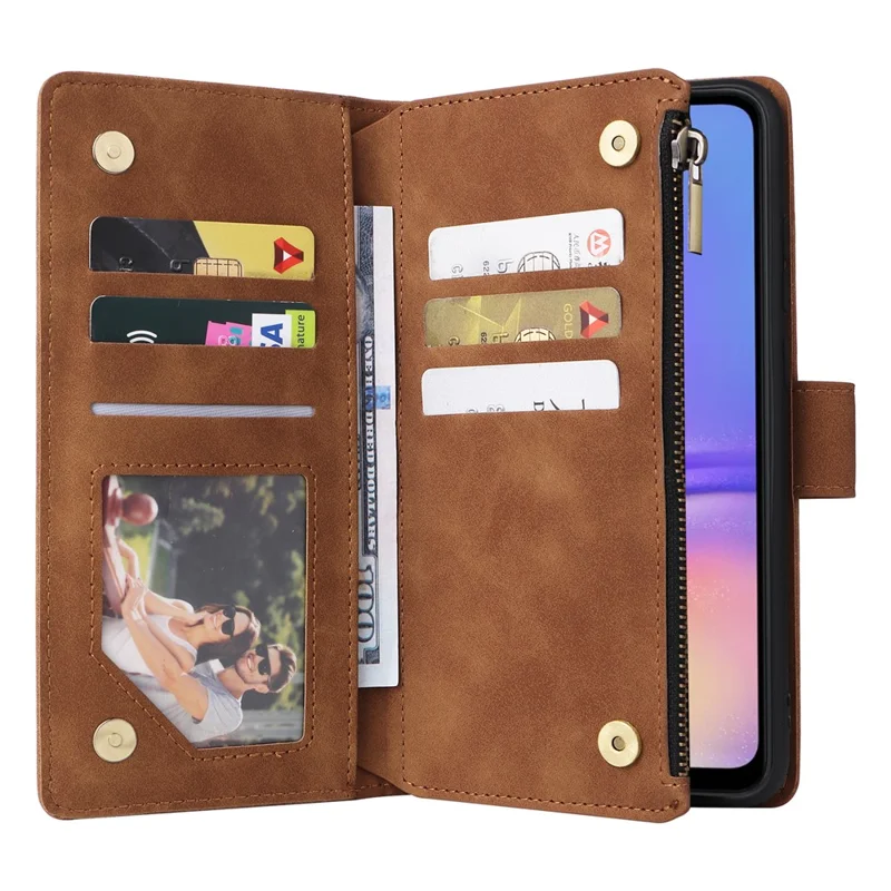 For Samsung Galaxy A05 4G Case Multiple Card Slots Anti-fall Zipper Pocket Leather Phone Cover - Brown