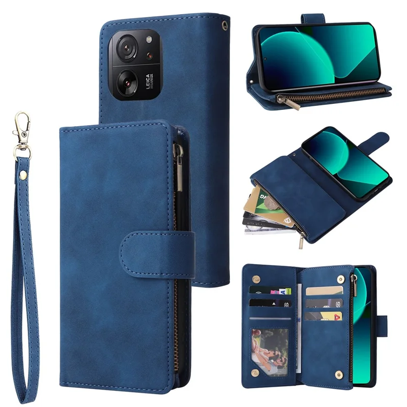 For Xiaomi 13T / 13T Pro / Redmi K60 Ultra Cell Phone Drop-proof Case Zipper Wallet Card Holder Leather Cover - Blue
