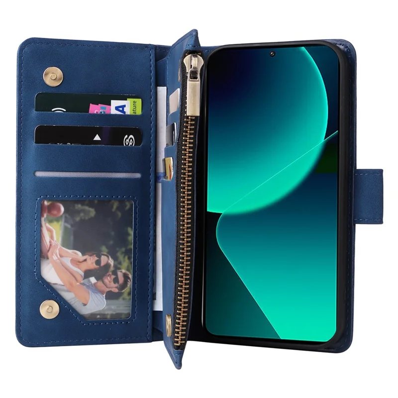 For Xiaomi 13T / 13T Pro / Redmi K60 Ultra Cell Phone Drop-proof Case Zipper Wallet Card Holder Leather Cover - Blue