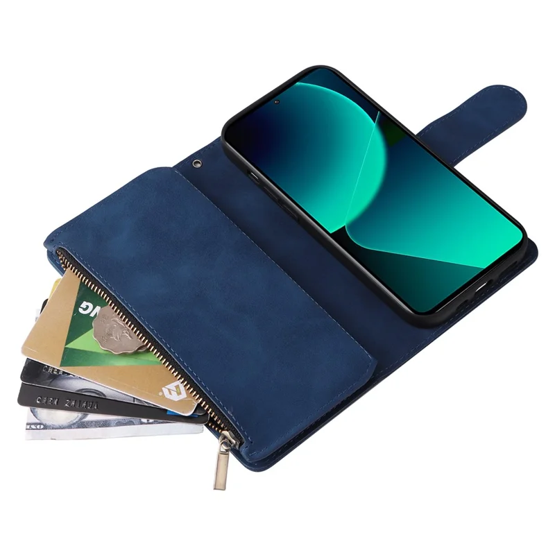 For Xiaomi 13T / 13T Pro / Redmi K60 Ultra Cell Phone Drop-proof Case Zipper Wallet Card Holder Leather Cover - Blue