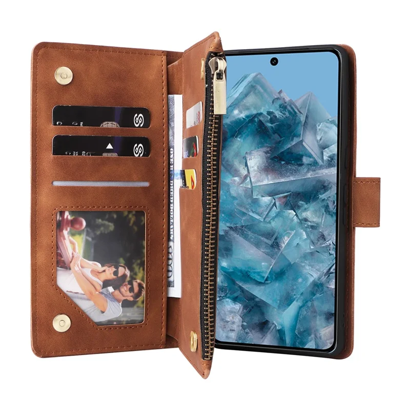 Für Google Pixel 8a Handyhülle Reißverschluss-Geldbörse Kartenfach Leder Sturzsicheres Cover - Braun