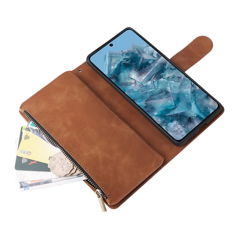 Für Google Pixel 8a Handyhülle Reißverschluss-Geldbörse Kartenfach Leder Sturzsicheres Cover - Braun