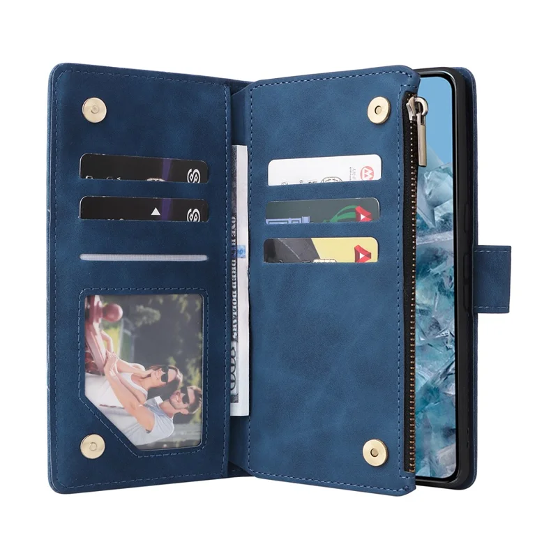 For Google Pixel 8a Cell Phone Case Zipper Wallet Card Holder Leather Drop-proof Cover - Blue