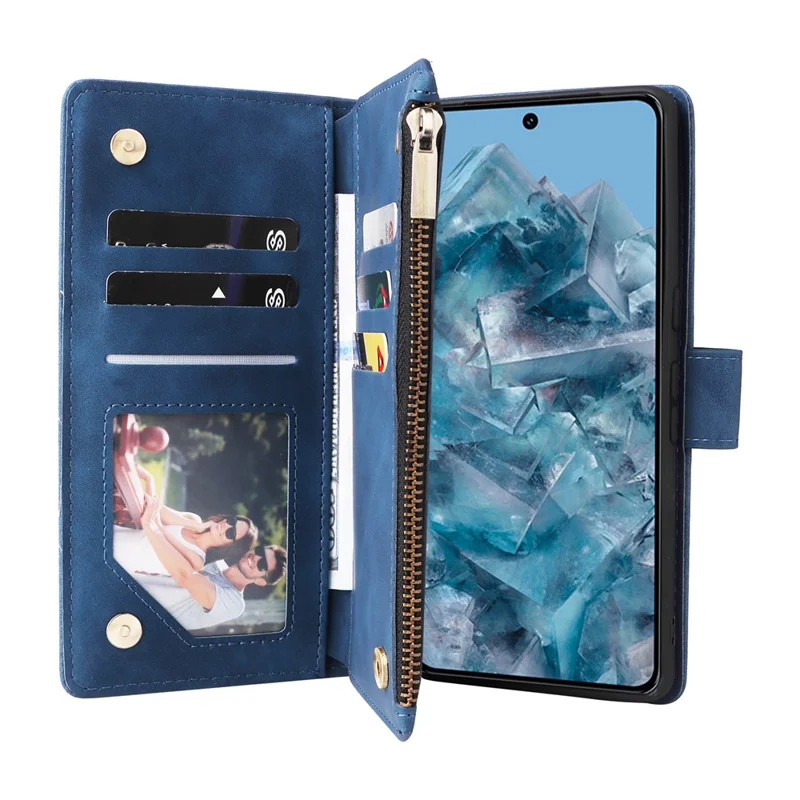 For Google Pixel 8a Cell Phone Case Zipper Wallet Card Holder Leather Drop-proof Cover - Blue