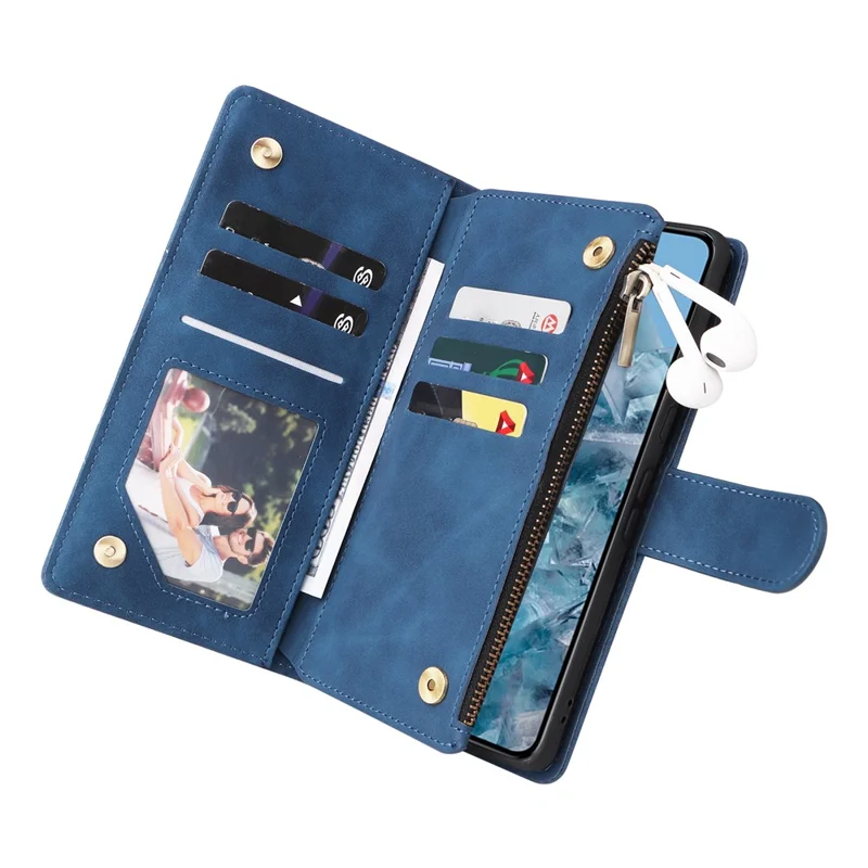 For Google Pixel 8a Cell Phone Case Zipper Wallet Card Holder Leather Drop-proof Cover - Blue