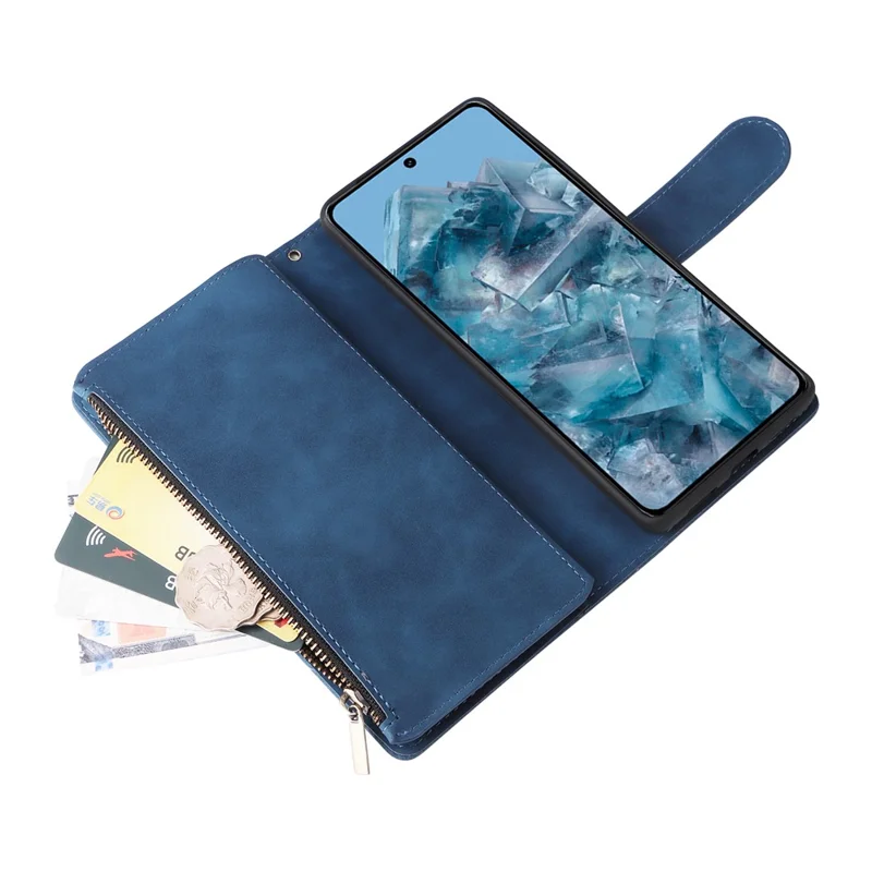 For Google Pixel 8a Cell Phone Case Zipper Wallet Card Holder Leather Drop-proof Cover - Blue