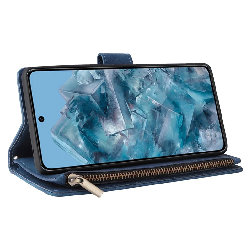 For Google Pixel 8a Cell Phone Case Zipper Wallet Card Holder Leather Drop-proof Cover - Blue