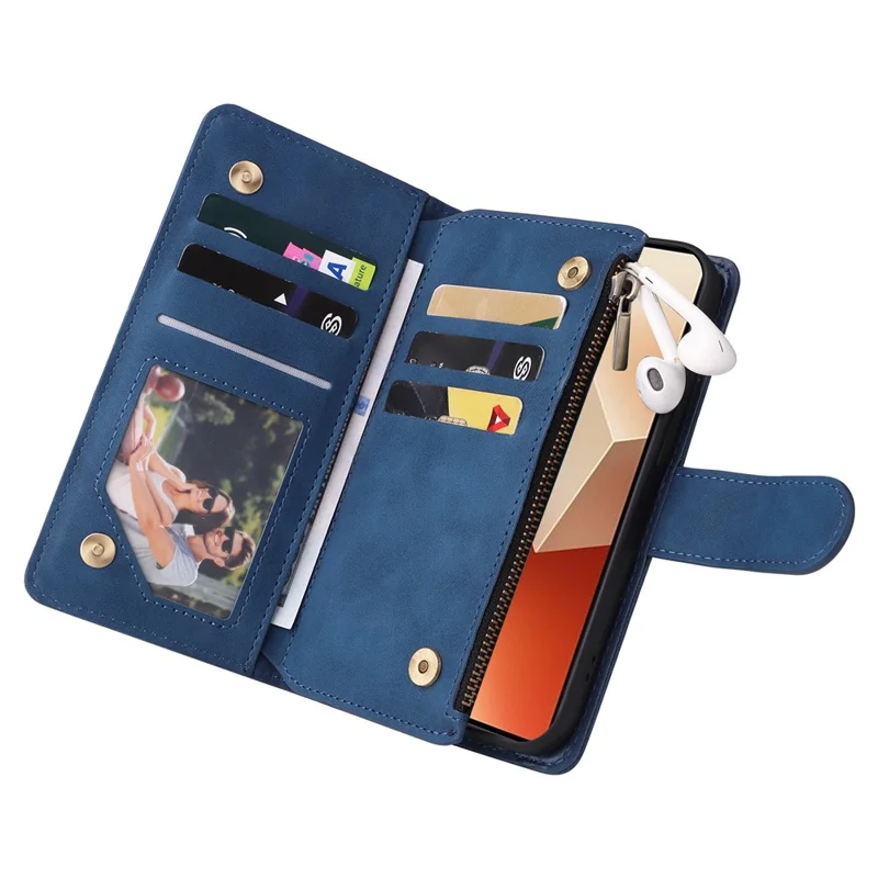 For Xiaomi Redmi Note 13 5G Case Leather Phone Protective Cover Zipper Wallet Card Holder - Blue