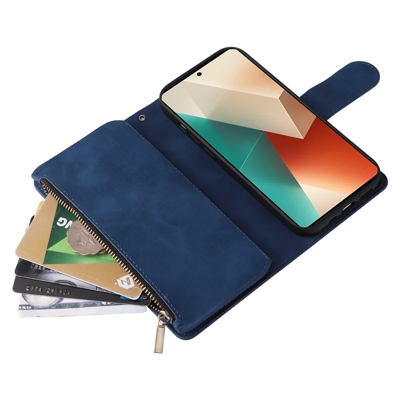 For Xiaomi Redmi Note 13 5G Case Leather Phone Protective Cover Zipper Wallet Card Holder - Blue