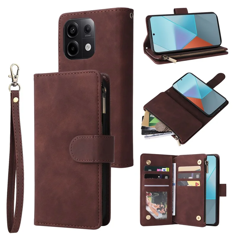 For Xiaomi Redmi Note 13 Pro 5G / Poco X6 5G PU Leather Wallet Mobile Phone Cover Case with Multiple Card Slots - Coffee